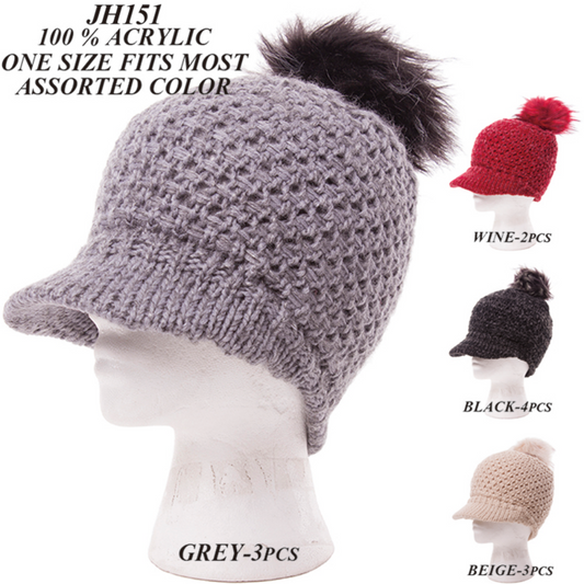 Solid Color Knitted Hat W/ Faux Fur Pom-Pom - 12Pc Set