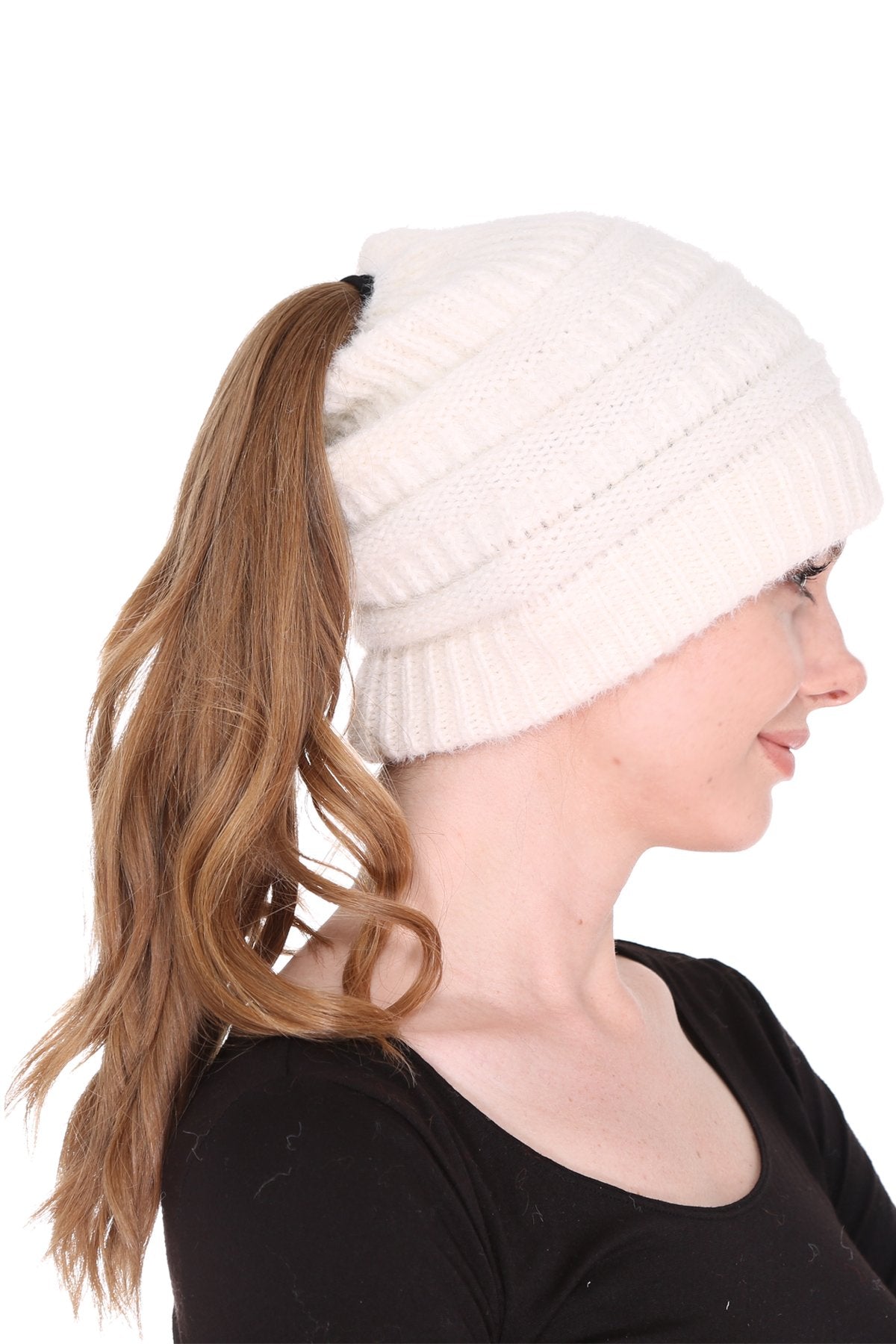 Solid Color Knitted Ponytail Beanie 