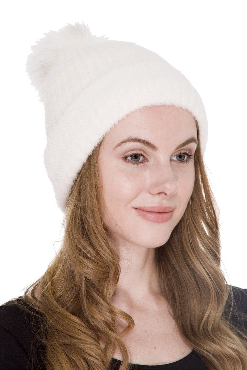 Solid Color Super Soft Knitted Beanie W/ Faux Fur Pom-Pom & Sherpa Lining