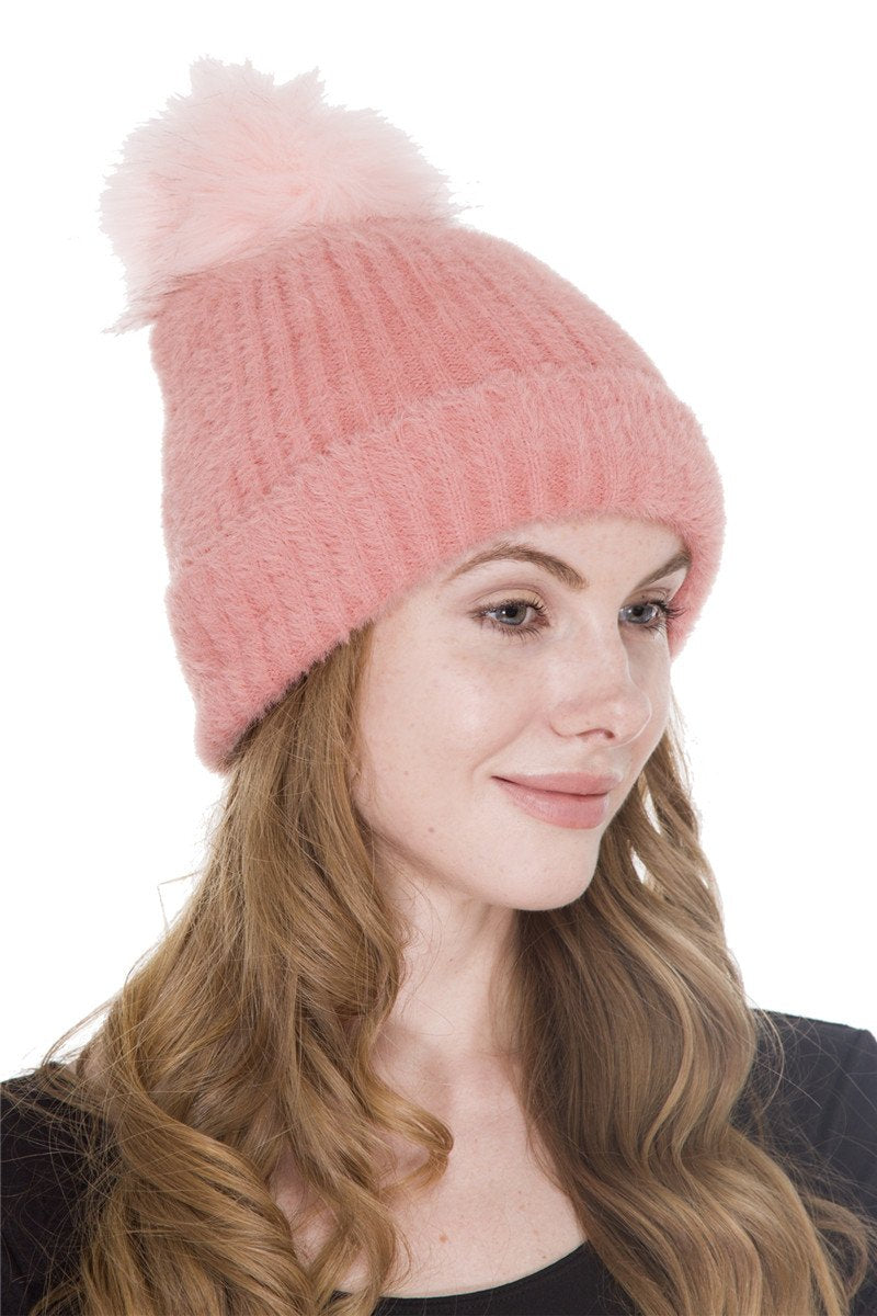 Solid Color Super Soft Knitted Beanie W/ Faux Fur Pom-Pom & Sherpa Lining