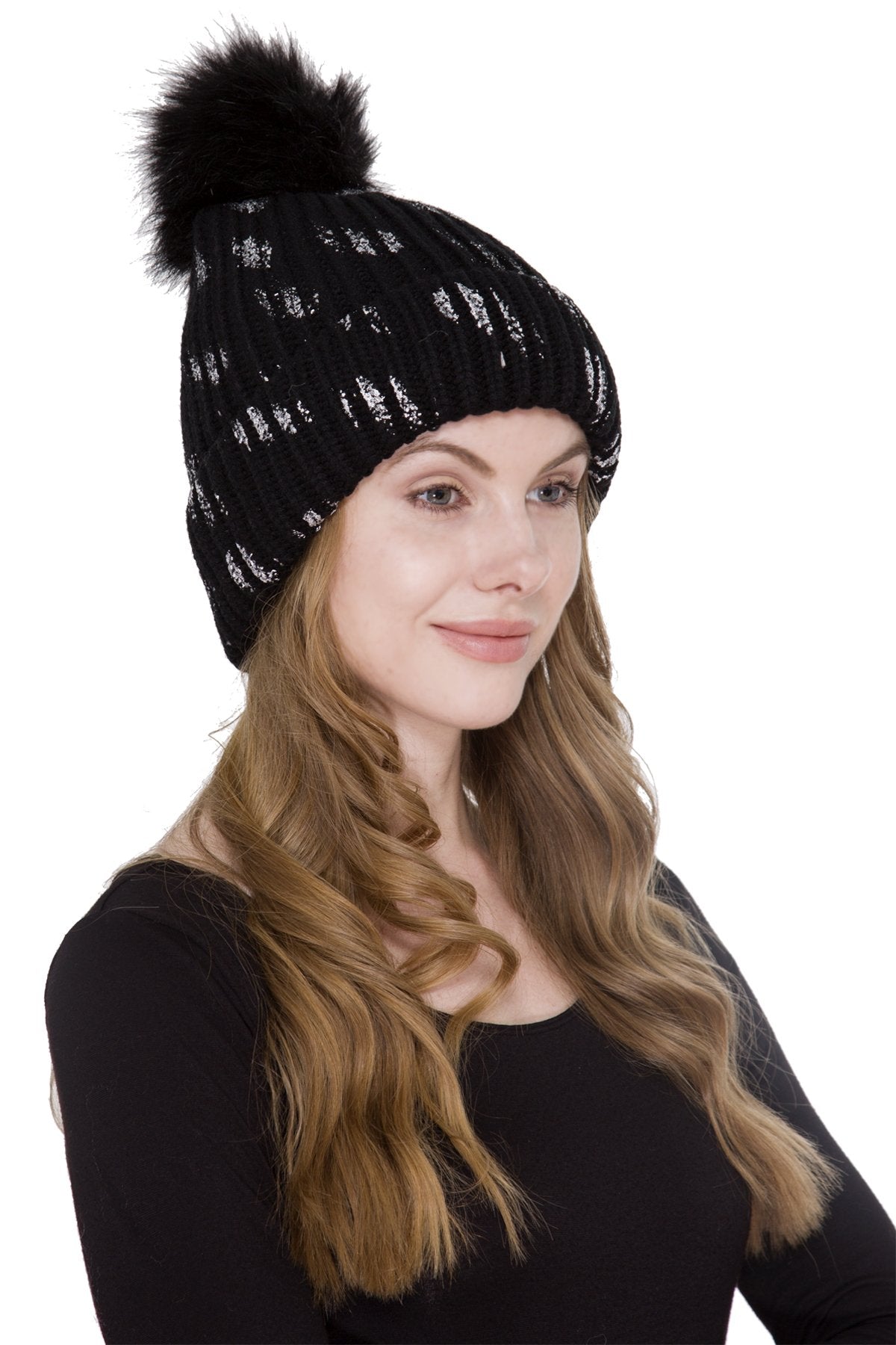 Solid Color W/ Silver Glitter Ribbed Knitted Beanie W/ Faux Fur Pom-Pom & Sherpa Lining