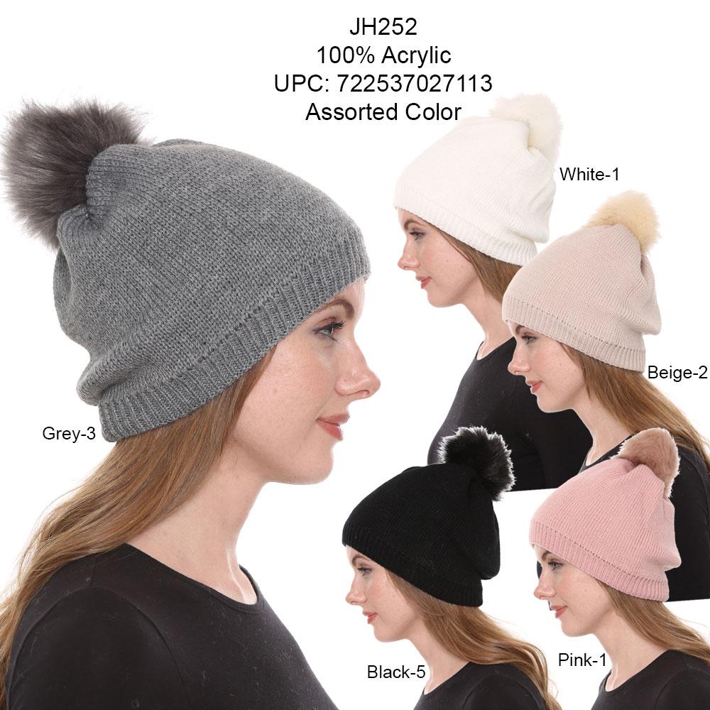 Solid Color Knitted Beanie W/ Faux Fur Pom-Pom & Sherpa Lining - 12Pc Set