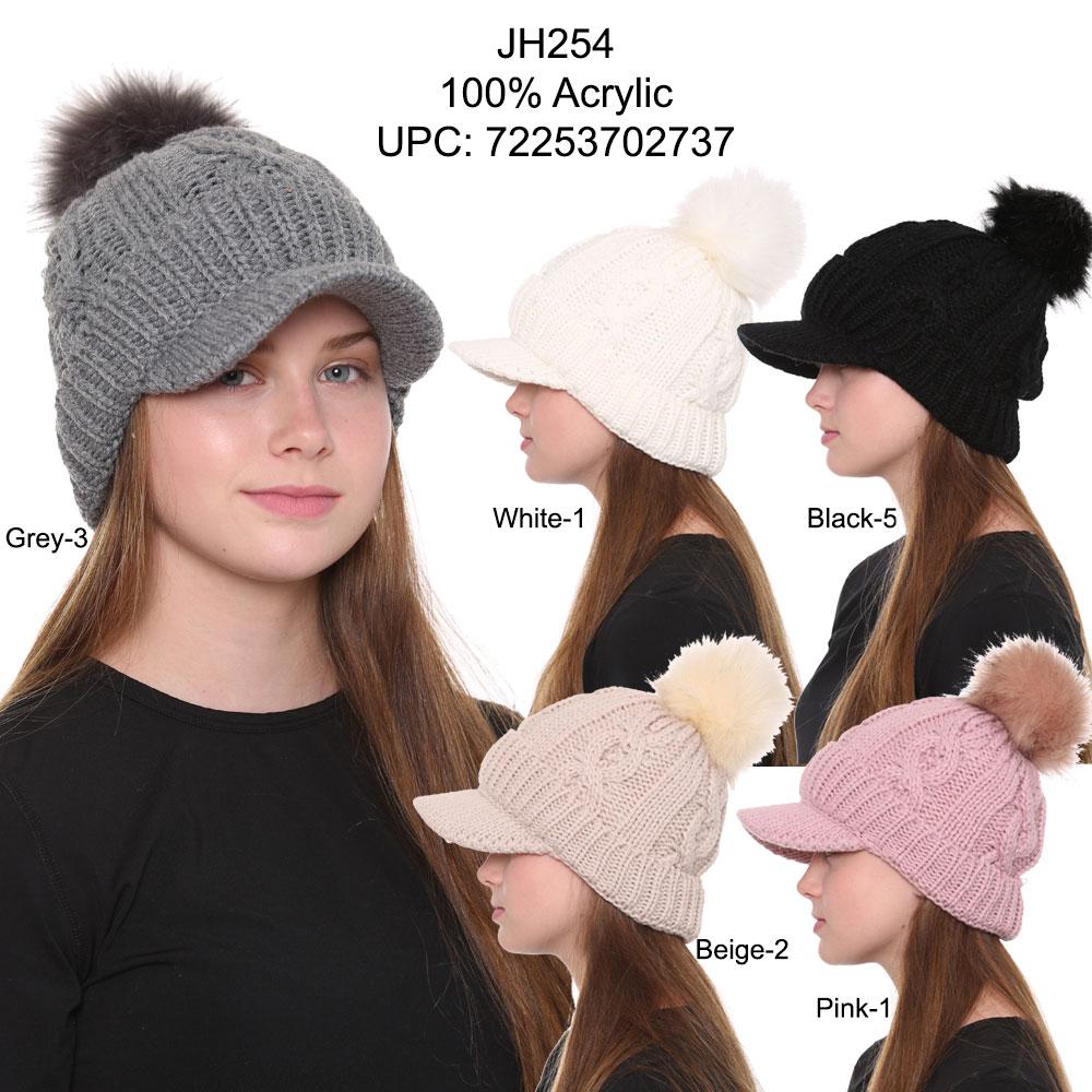Solid Color Knitted Hat W/ Faux Fur Pom-Pom & Sherpa Lining - 12Pc Set