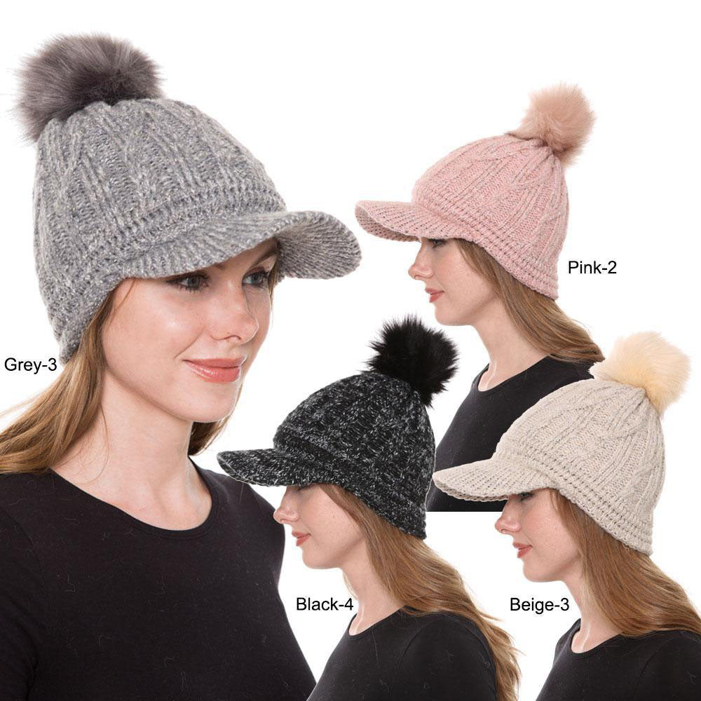 Speckled Knitted Hat W/ Faux Fur Pom-Pom & Sherpa Lining - 12Pc Set