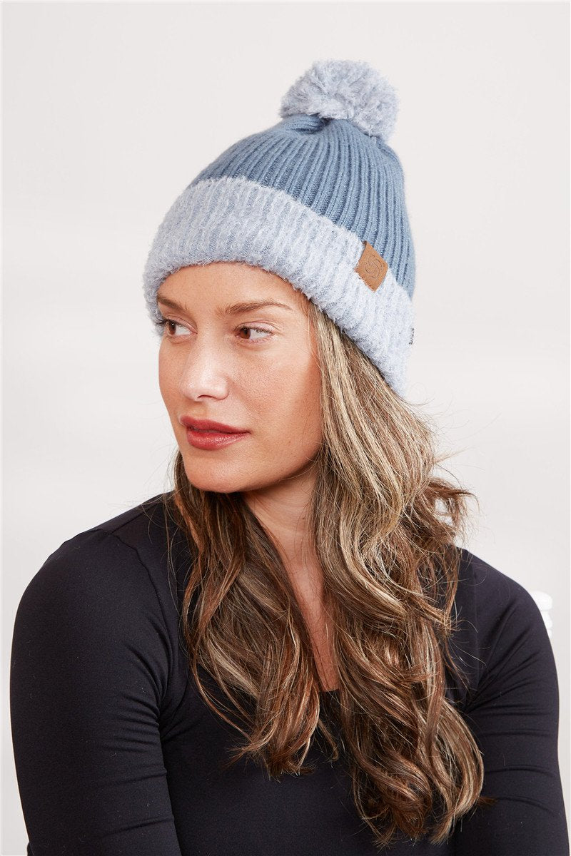 Two-Tone Ribbed Knitted Beanie W/ Pom-Pom & Buttons