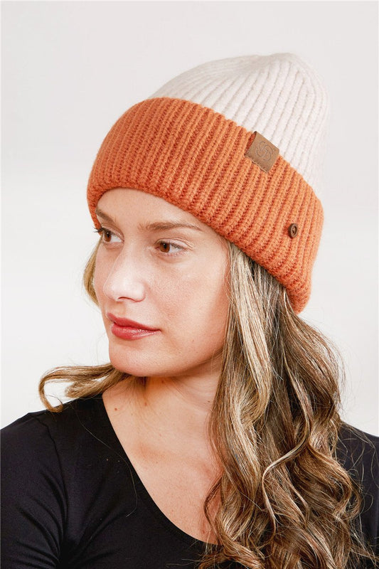 Two-Tone Ribbed Knitted Beanie W/ Buttons 