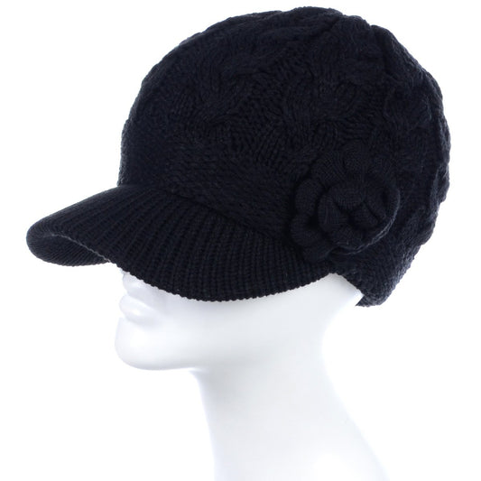 Solid Color Knitted Hat W/ Flower & Double Lining - 12Pc Set