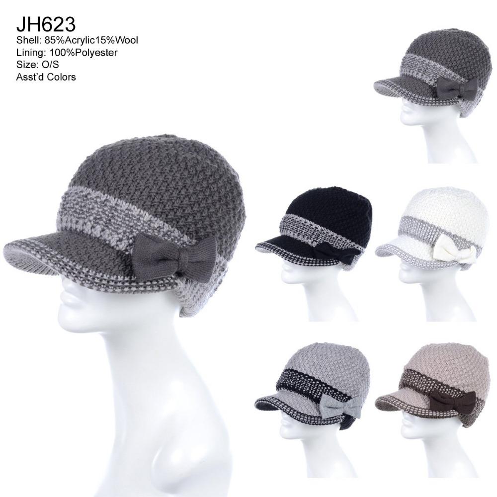 Two-Tone Knitted Hat W/ Bow-Tie & Double Lining - 12Pc Set