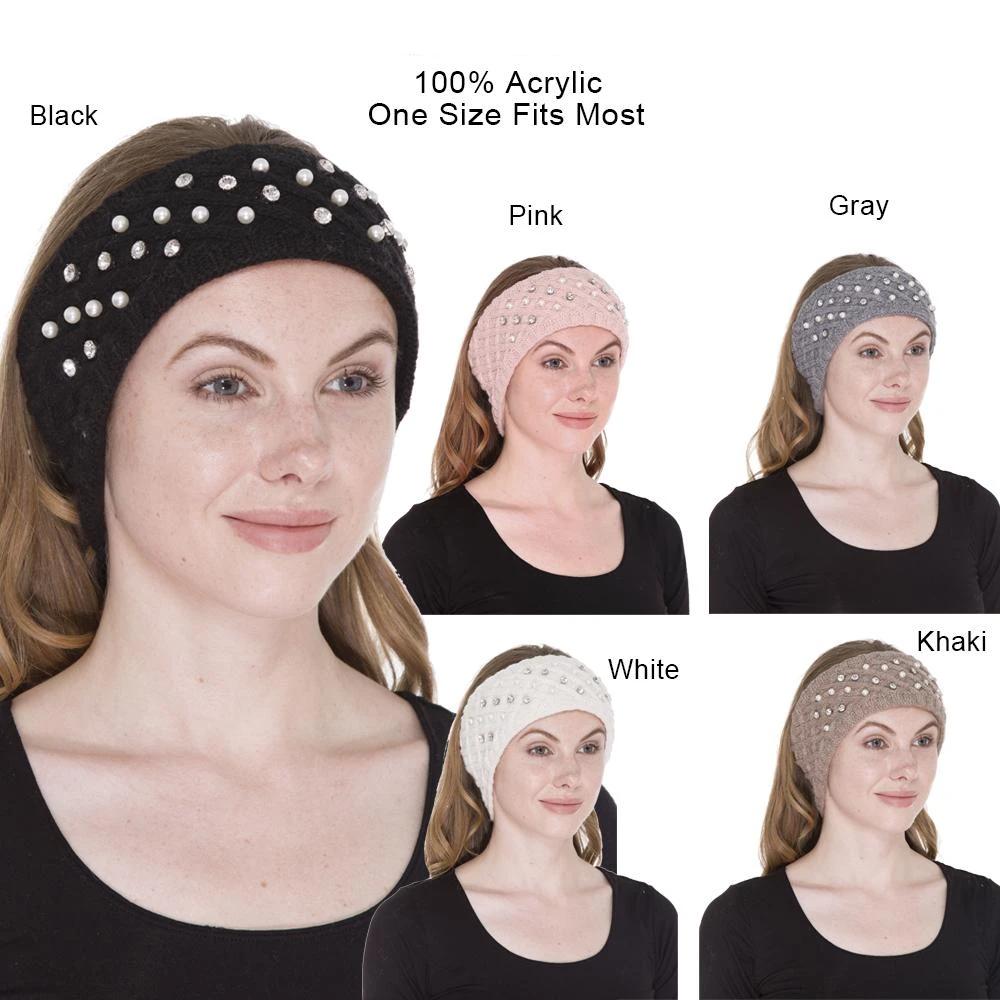 Faux Pearl & Rhinestone Studded Knitted Headband W/ Double Lining - 12Pc Set