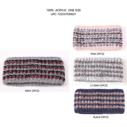 Stripe Pattern W/ Lurex Knitted Headband - 12Pc Set