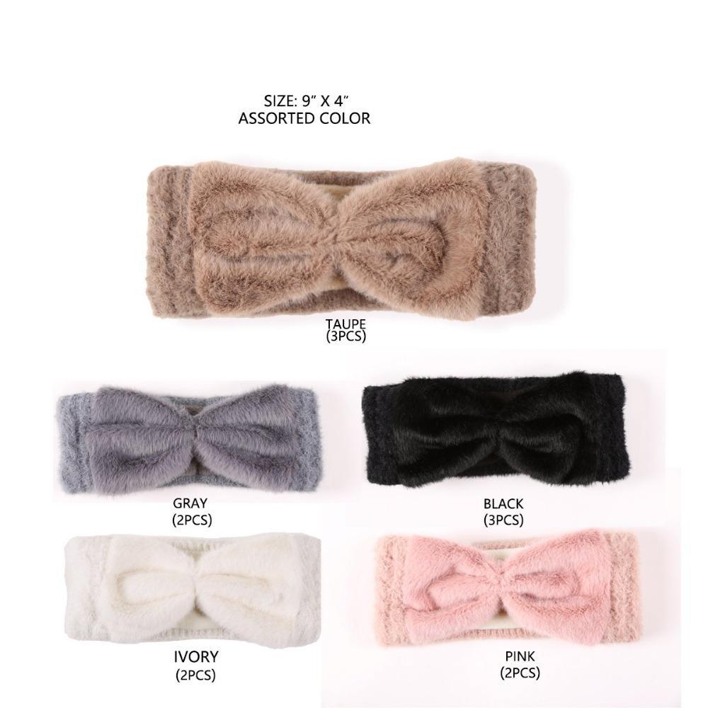Faux Fur Bow-Tie Knitted Headband - 12Pc Set