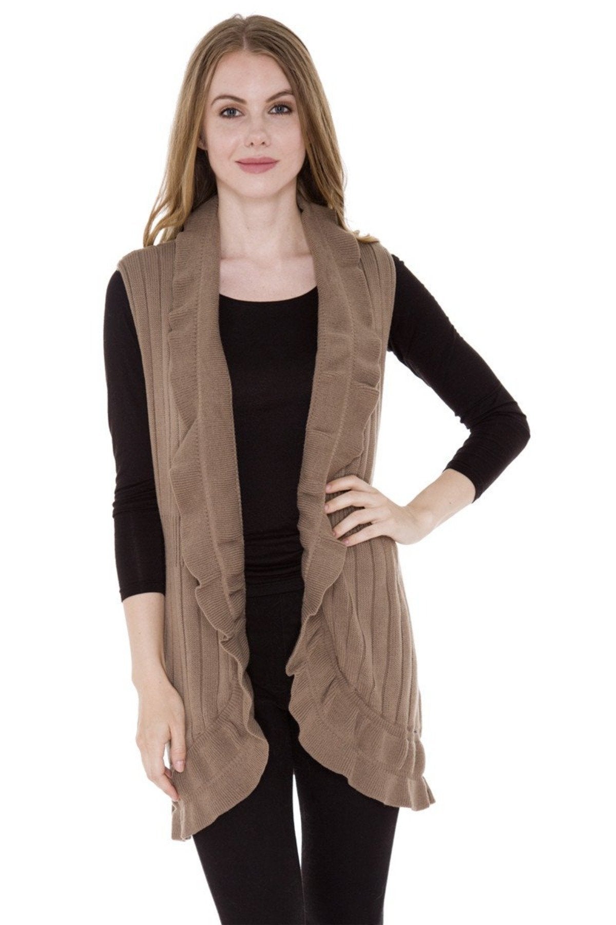 Solid Color Knitted Vest W/ Ruffled Edges 