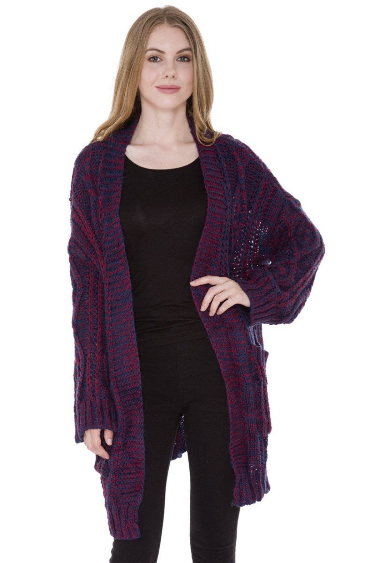 Two-Tone Hollow Knitted Cardigan W/ Pockets