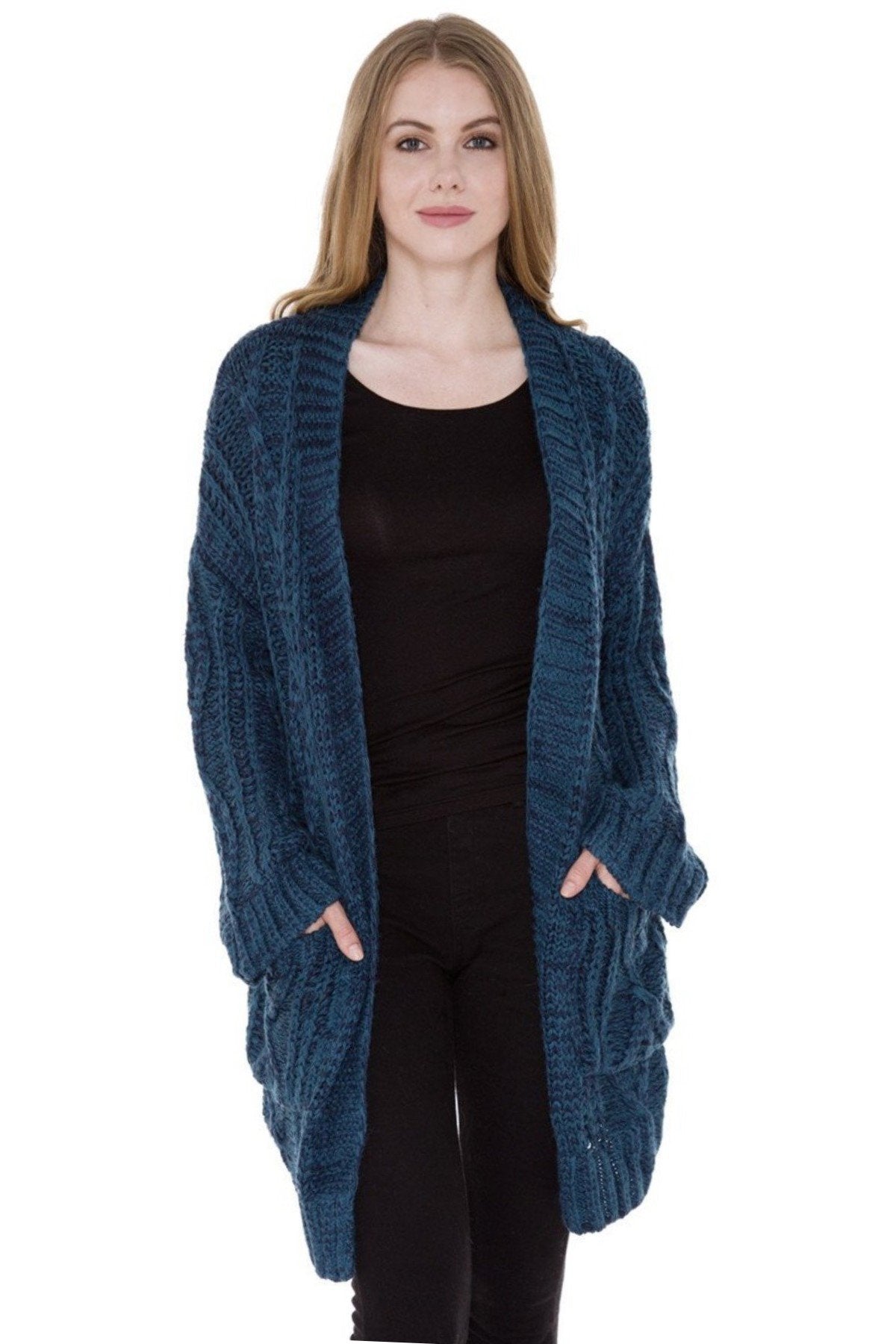 Two-Tone Hollow Knitted Cardigan W/ Pockets