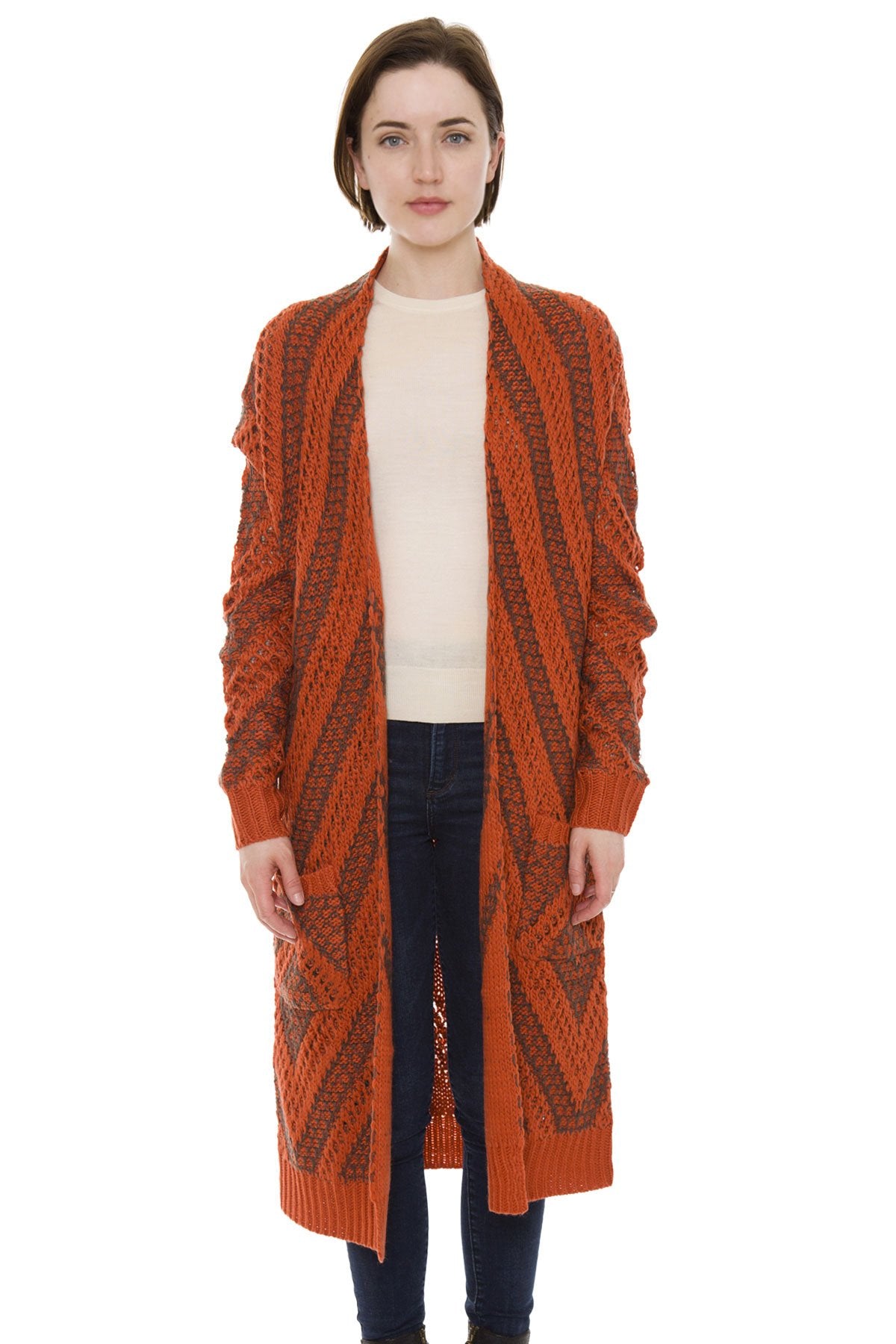 Two-Tone Hollow Knitted Cardigan W/ Pockets & Hook Closure