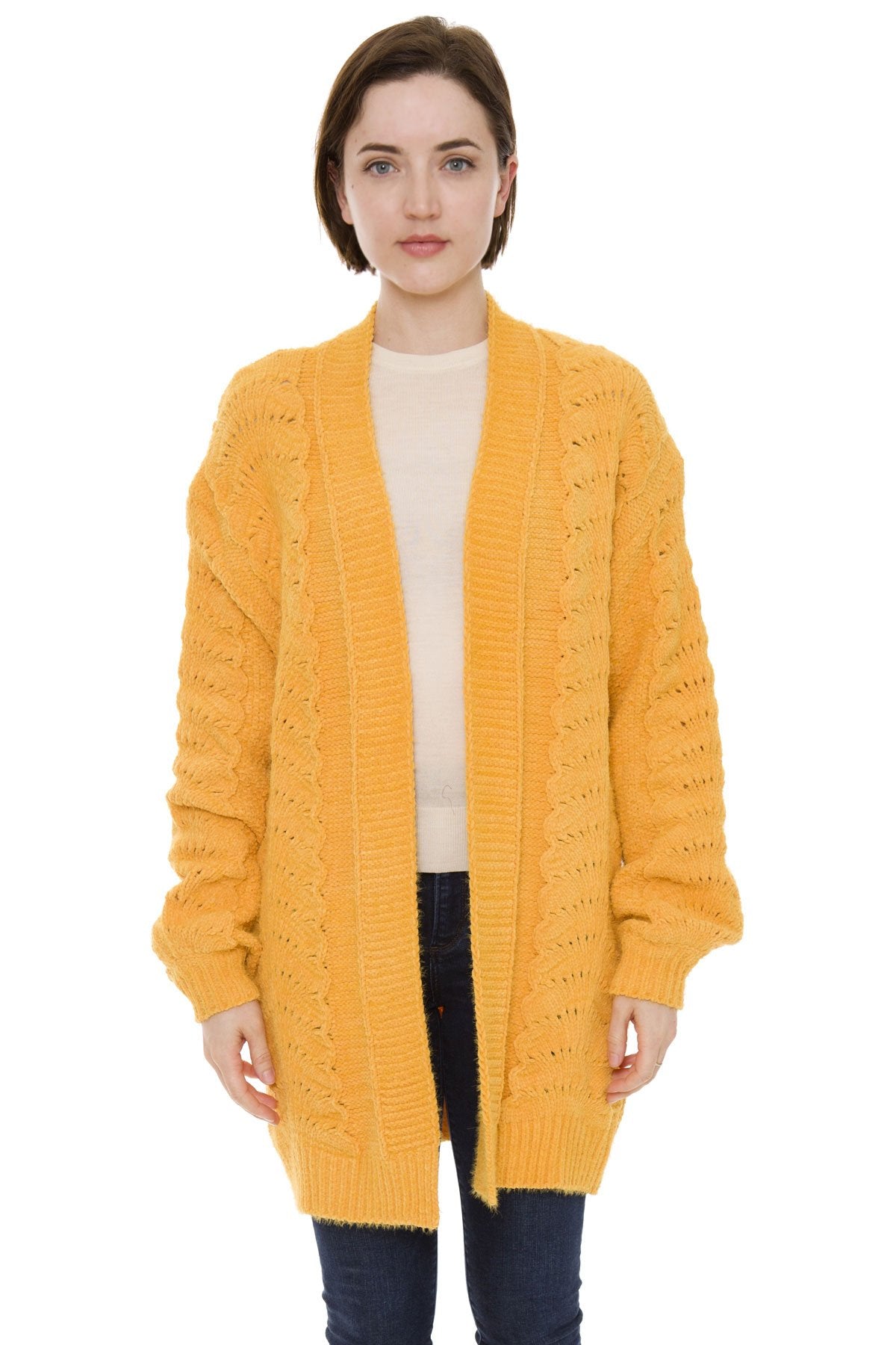 Solid Color Hollow Knitted Cardigan W/ Bishop Sleeves & Hook Closure