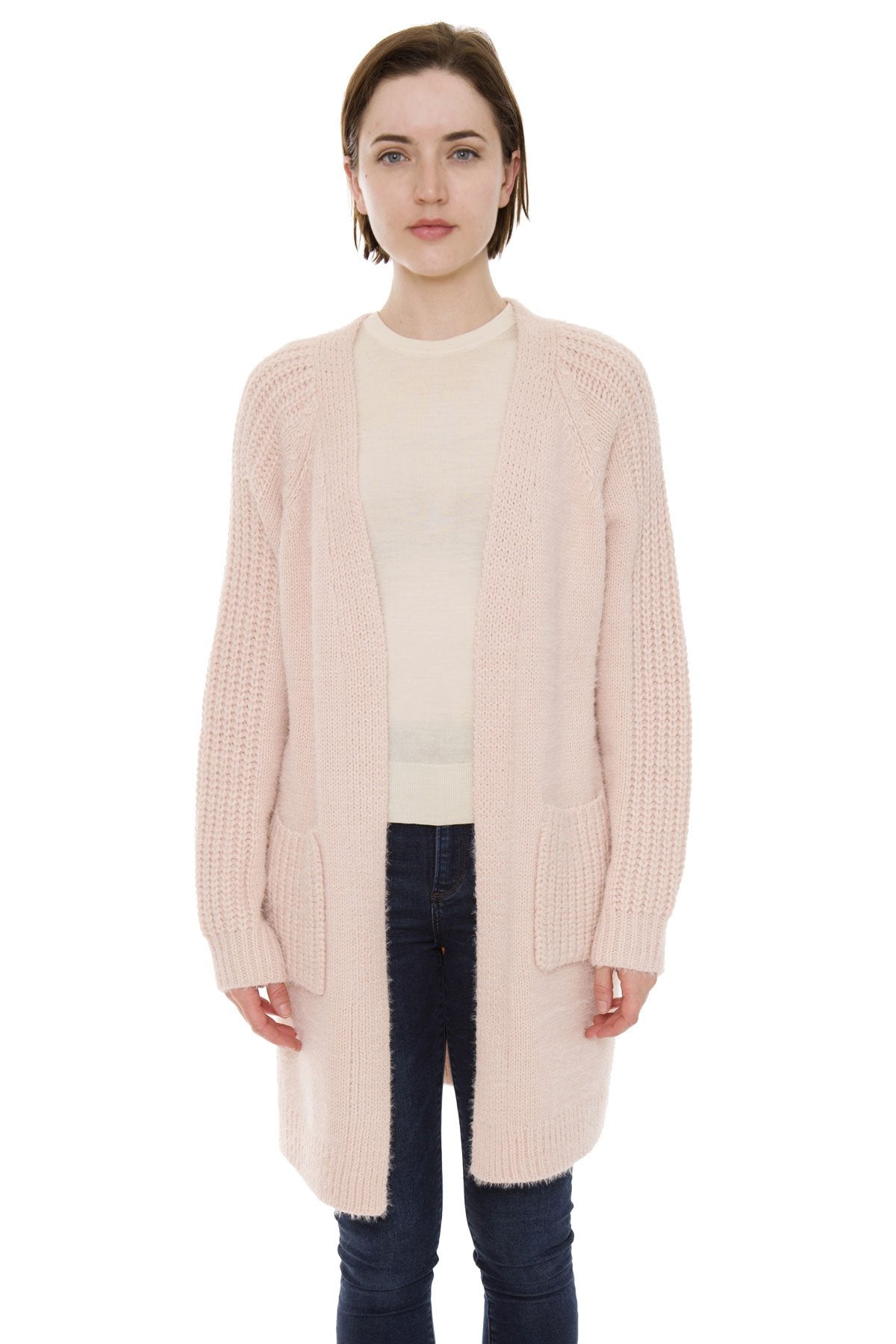 Solid Color Hollow Knitted Cardigan W/ Pockets 