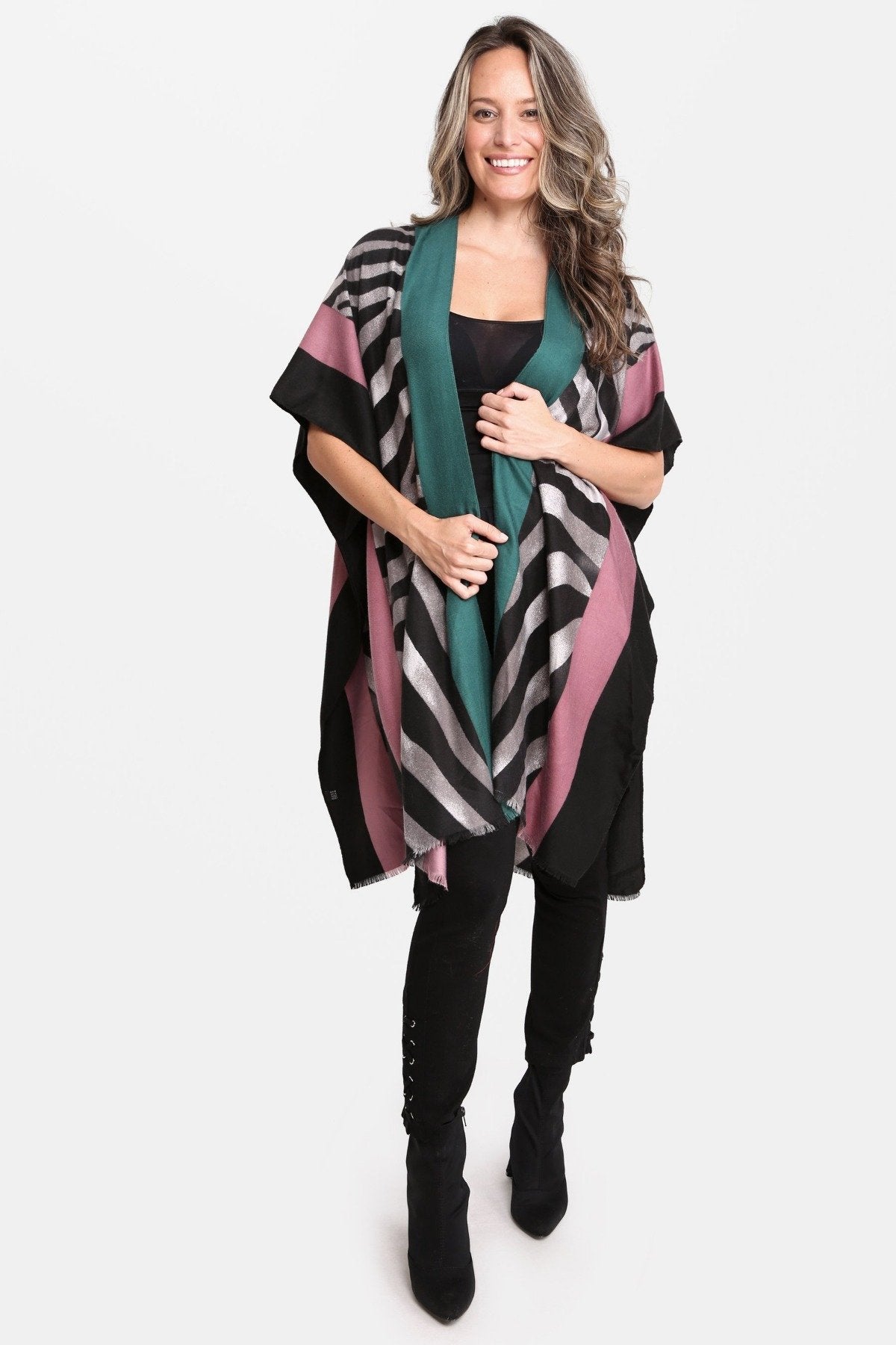 Zebra Print Ruana/Kimono W/ Color-Blocked Edges & Short Trim