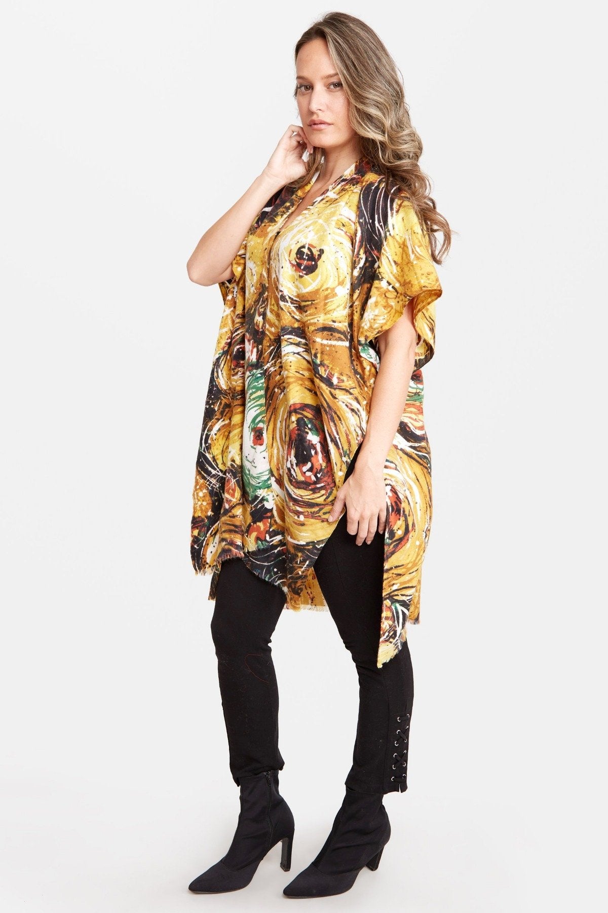 Abstract Circular Print Ruana/Kimono W/ Short Trim