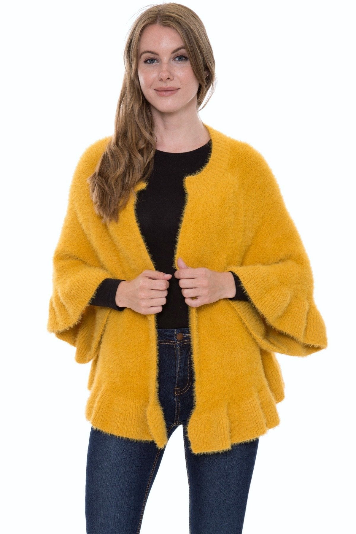 Solid Color Cardigan W/ Bell Sleeves & Scalloped Edges 
