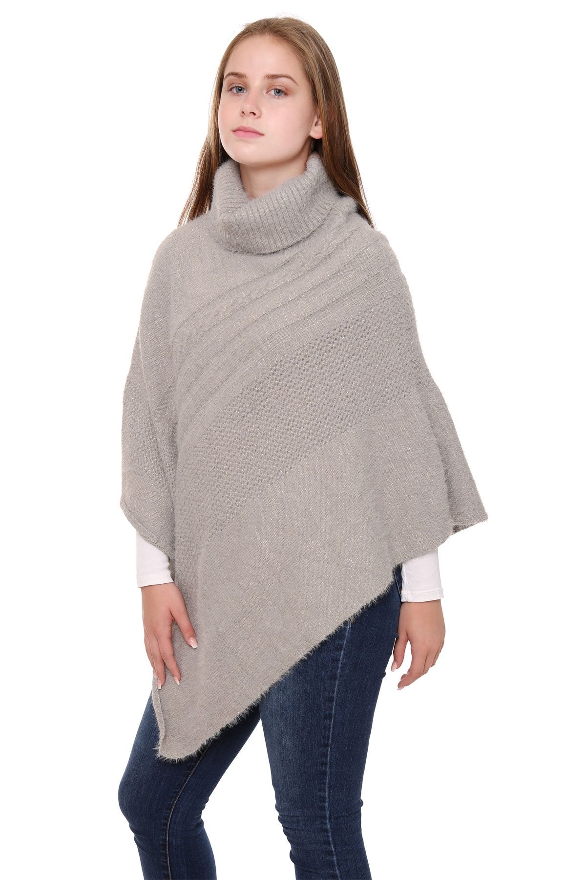 Solid Color W/ Lurex Knitted Turtleneck Poncho
