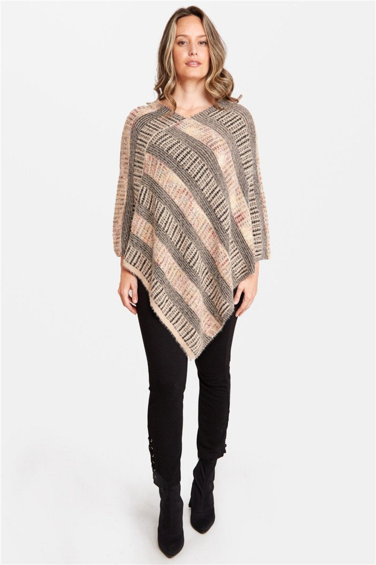 Stripe Pattern Multi - Colored Knitted Poncho