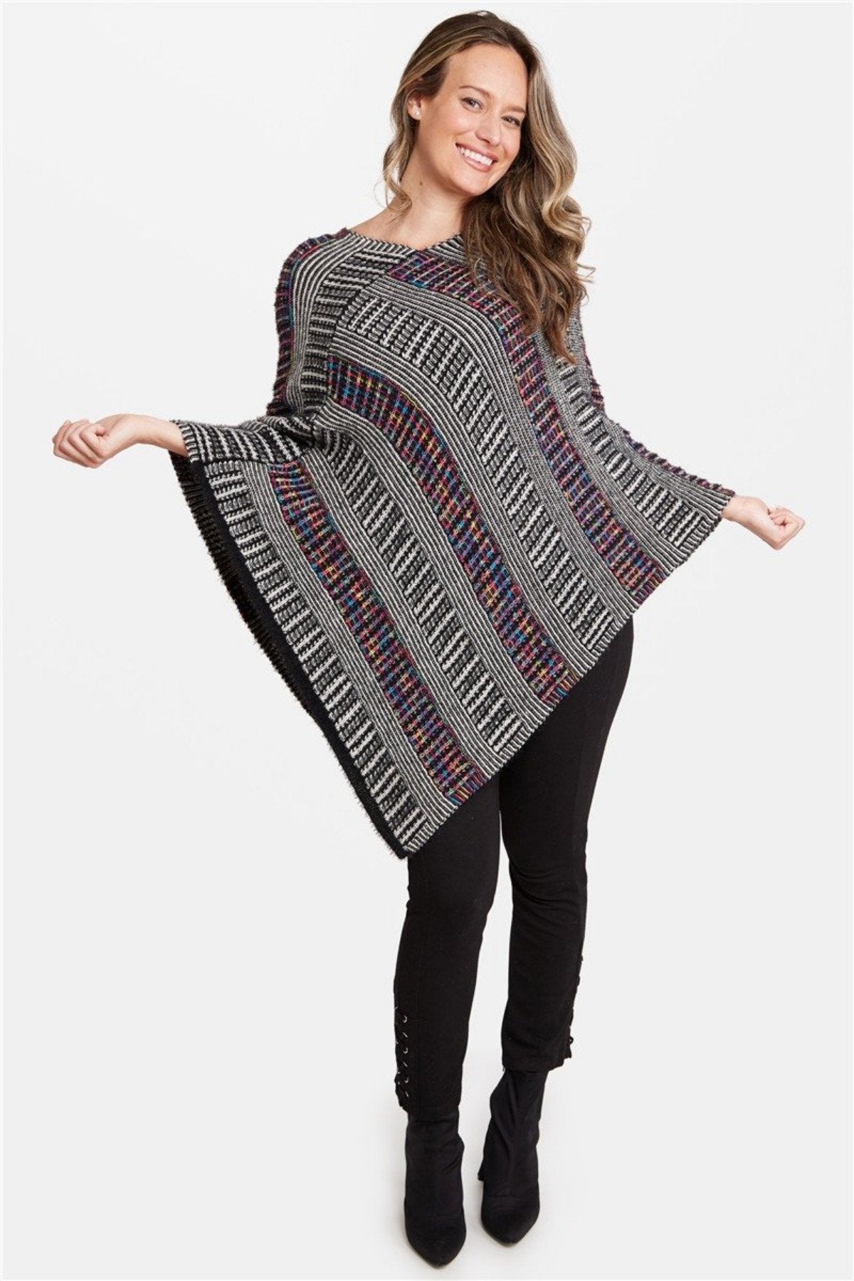 Stripe Pattern Multi - Colored Knitted Poncho