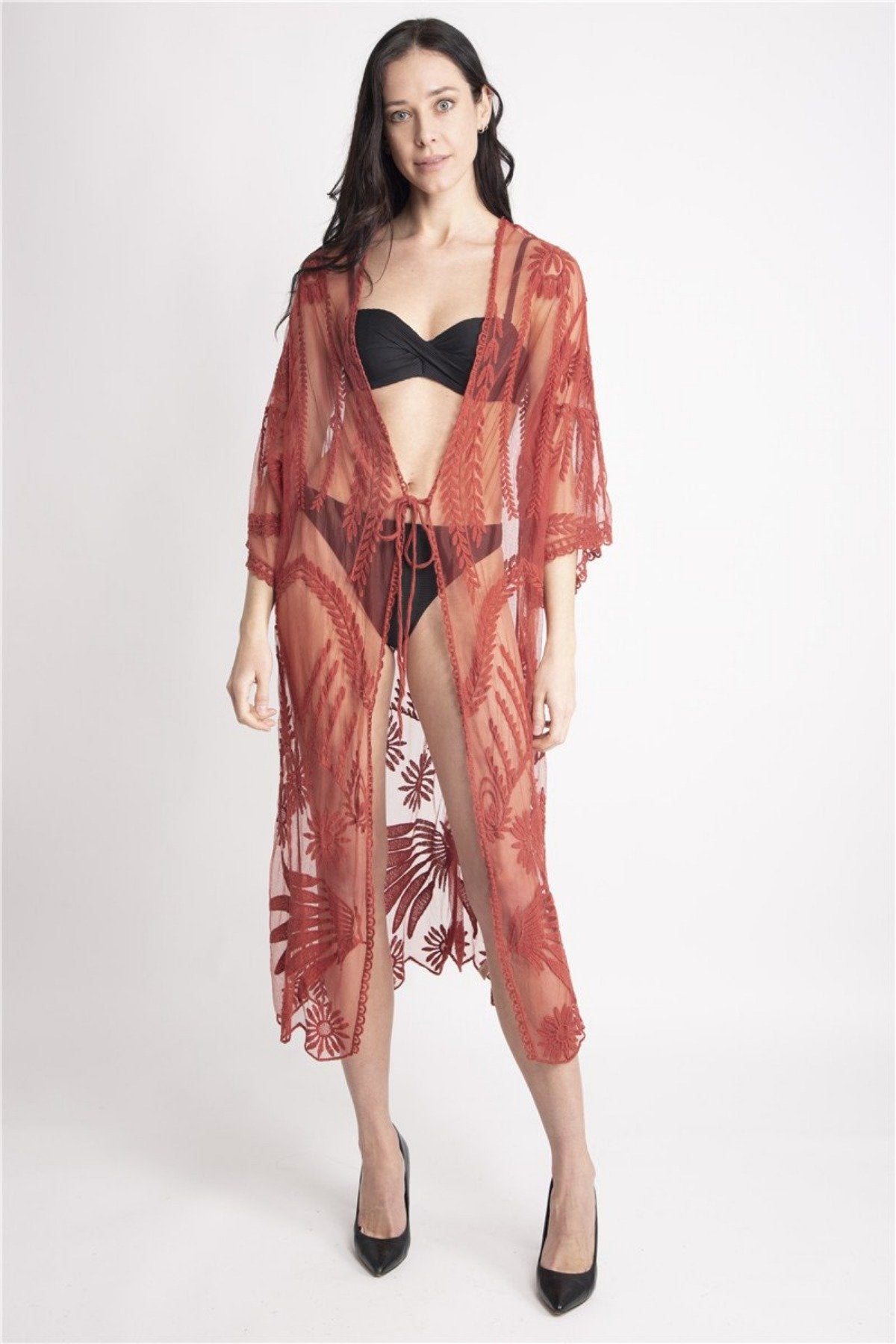 Wheat Leaf Pattern Long Cover-Up W/ Tie-Knot Closure 