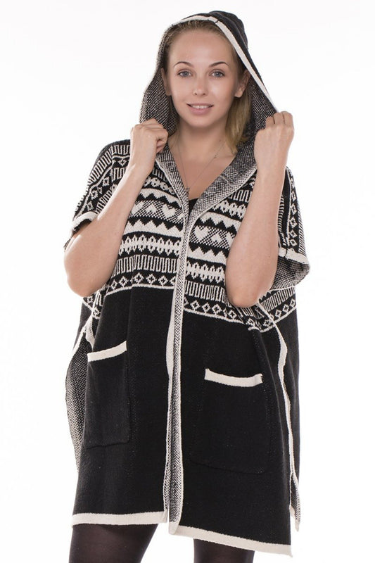 Mixed Print Knitted Short-Sleeve Cardigan W/ Hood & Pockets 