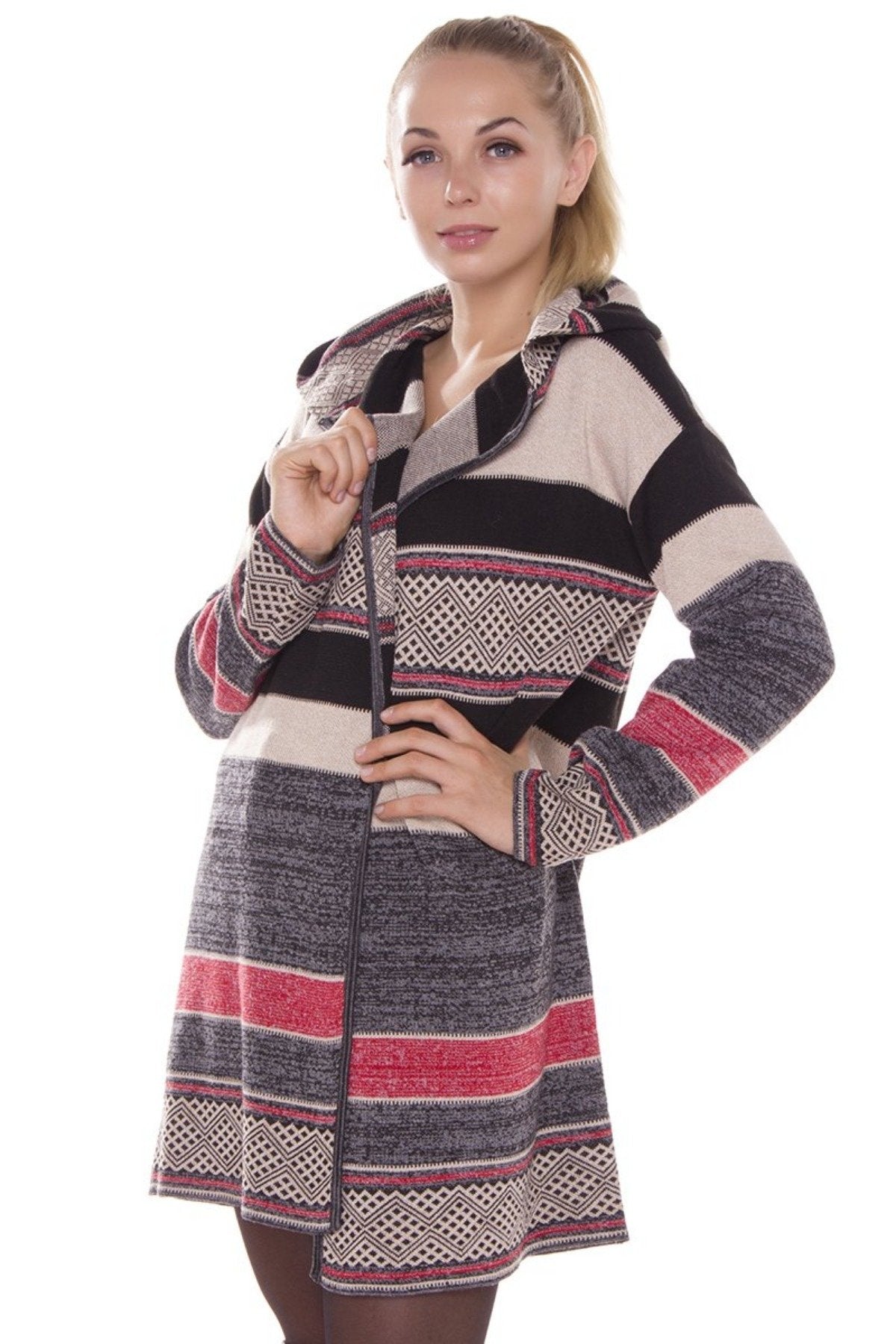 Stripe & Diamond Pattern Knitted Cardigan W/ Hood 