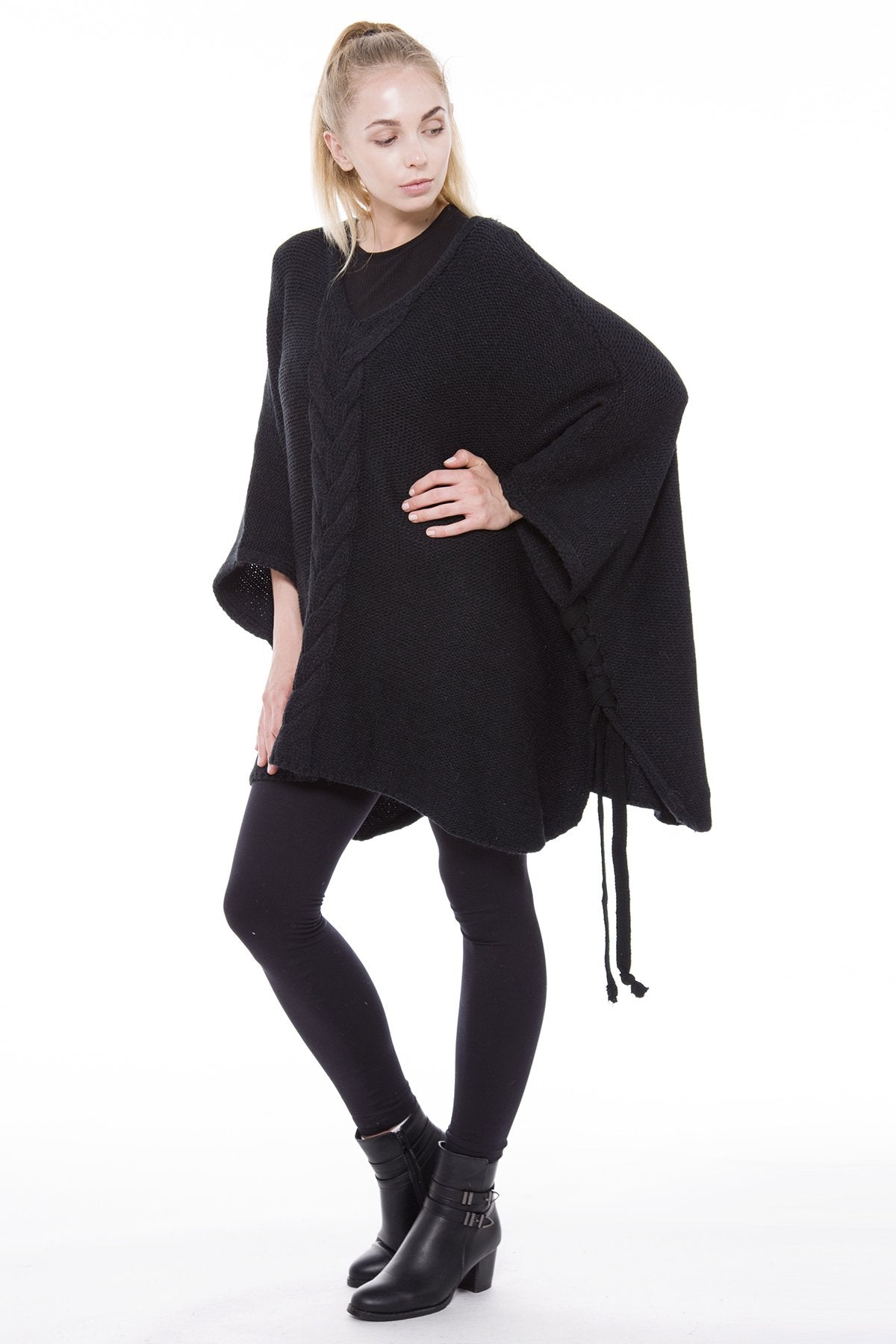 Solid Color Knitted Poncho W/ Criss-Cross Strings On Sides