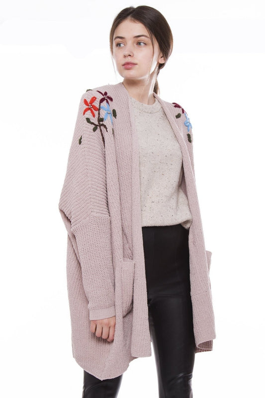 Solid Color Knitted Cardigan W/ Floral Embroidery & Pockets 