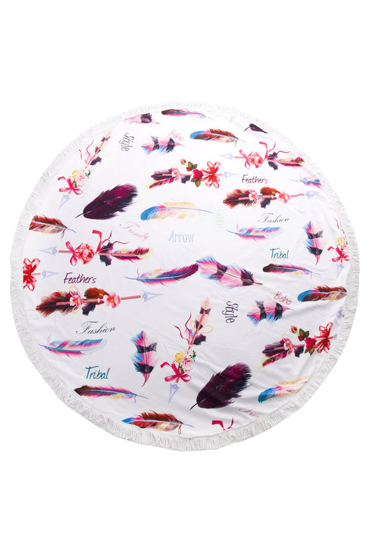 Feather Print Round Beach Towel With Fringes 
