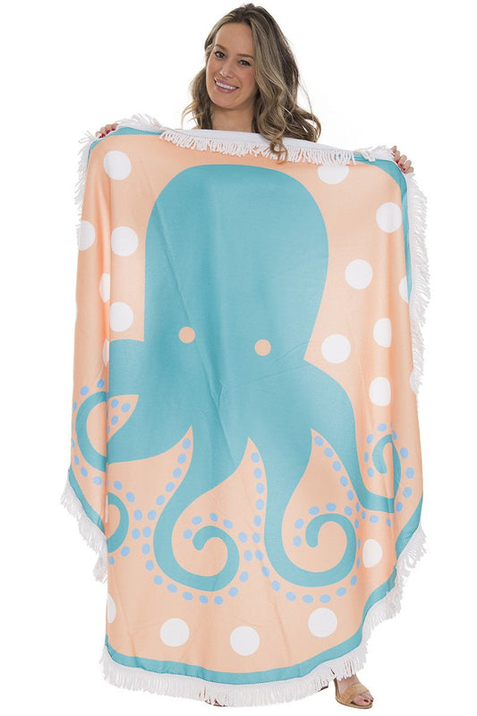 Octopus Print Round Beach Towel With Fringes