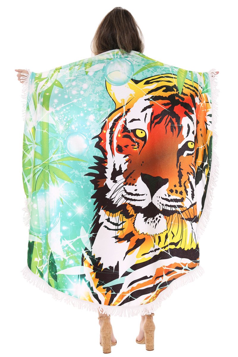 Tiger & Bamboo Print Round Beach Towel With Fringes