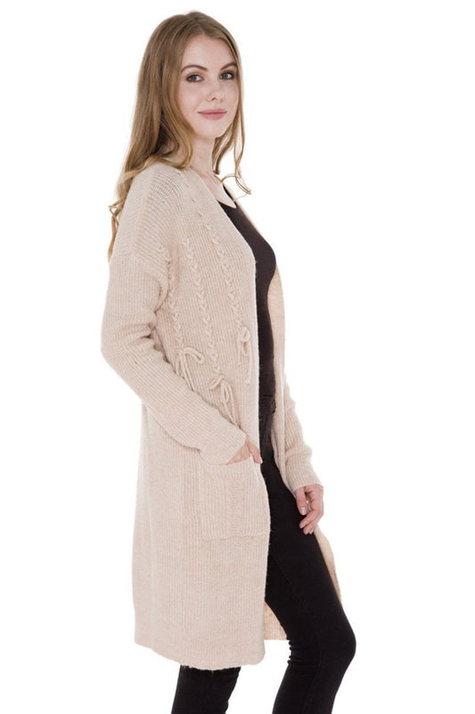 Solid Color Knitted Cardigan W/ Criss-Cross String Detail & Pockets