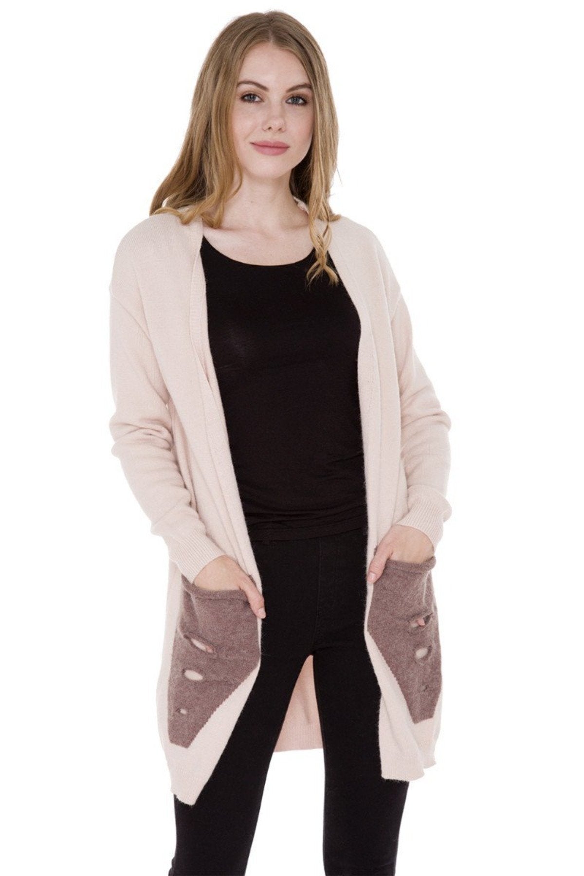 Two-Tone Knitted Cardigan W/ Holey Pockets 