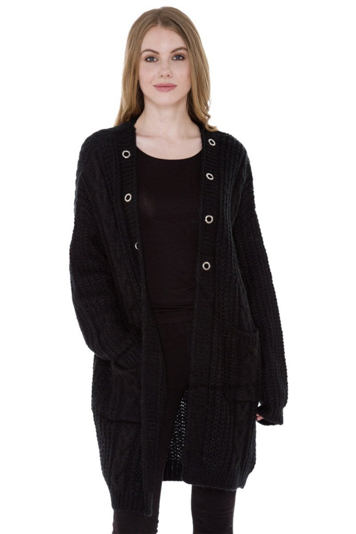 Solid Color Hollow Knitted Cardigan W/ Eyelets & Pockets 