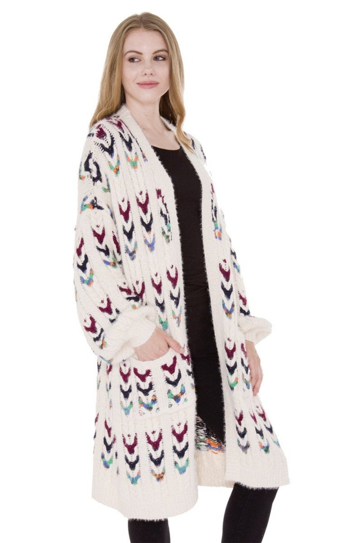Solid Color Knitted Cardigan W/ Multi-Colored Threads, Bishop Sleeves, & Pockets 