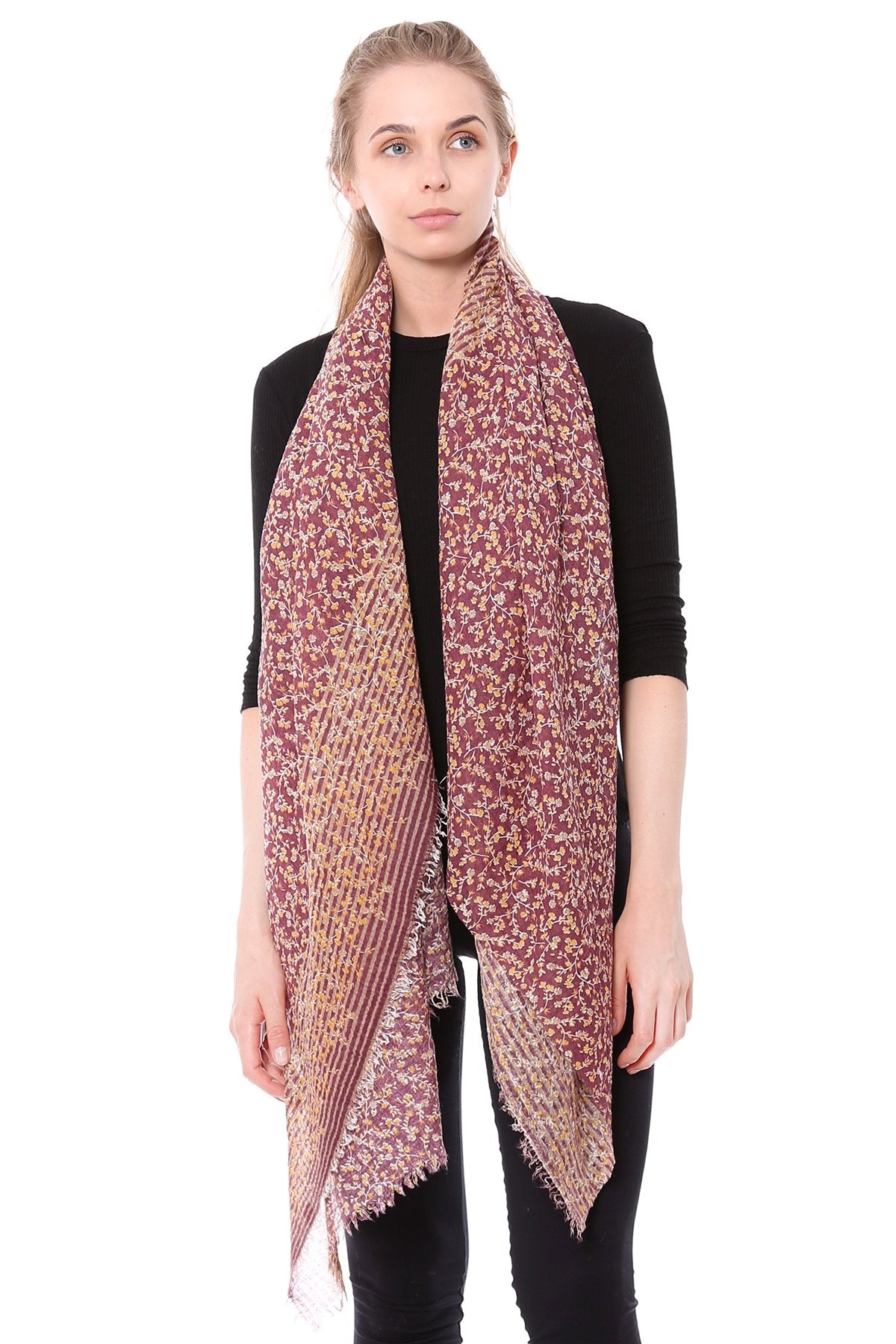 Floral Colong Scarf With Short Fringe 
