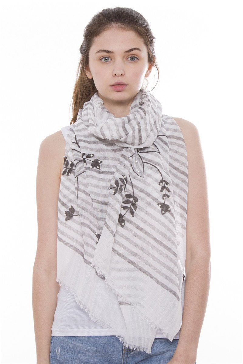Floral Modal Stripe Print Oblong Scarf With Faux Pearls Studded