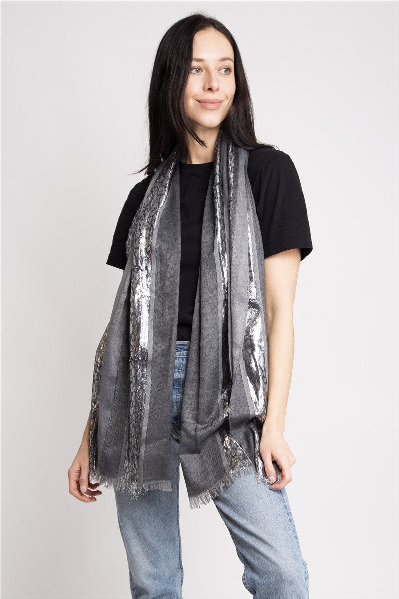 Fashion Oblong Scarf W/Short Fringe And Silver Metallic Paint 