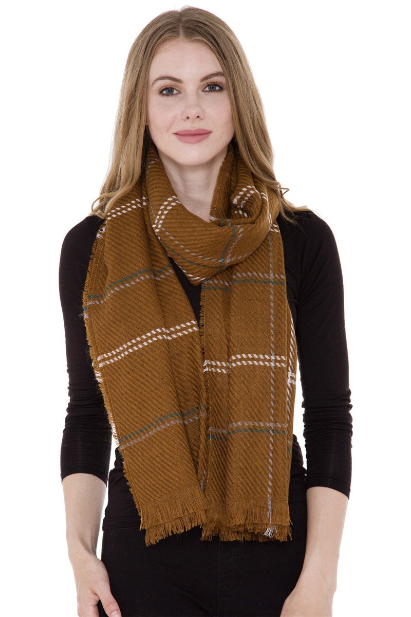 Plain Color With Striped Pattern Oblong Scarf With Short Fringe