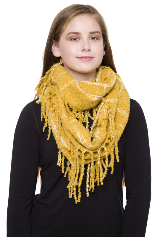 Light Plaid Pattern Infinity Scarf With Fringes