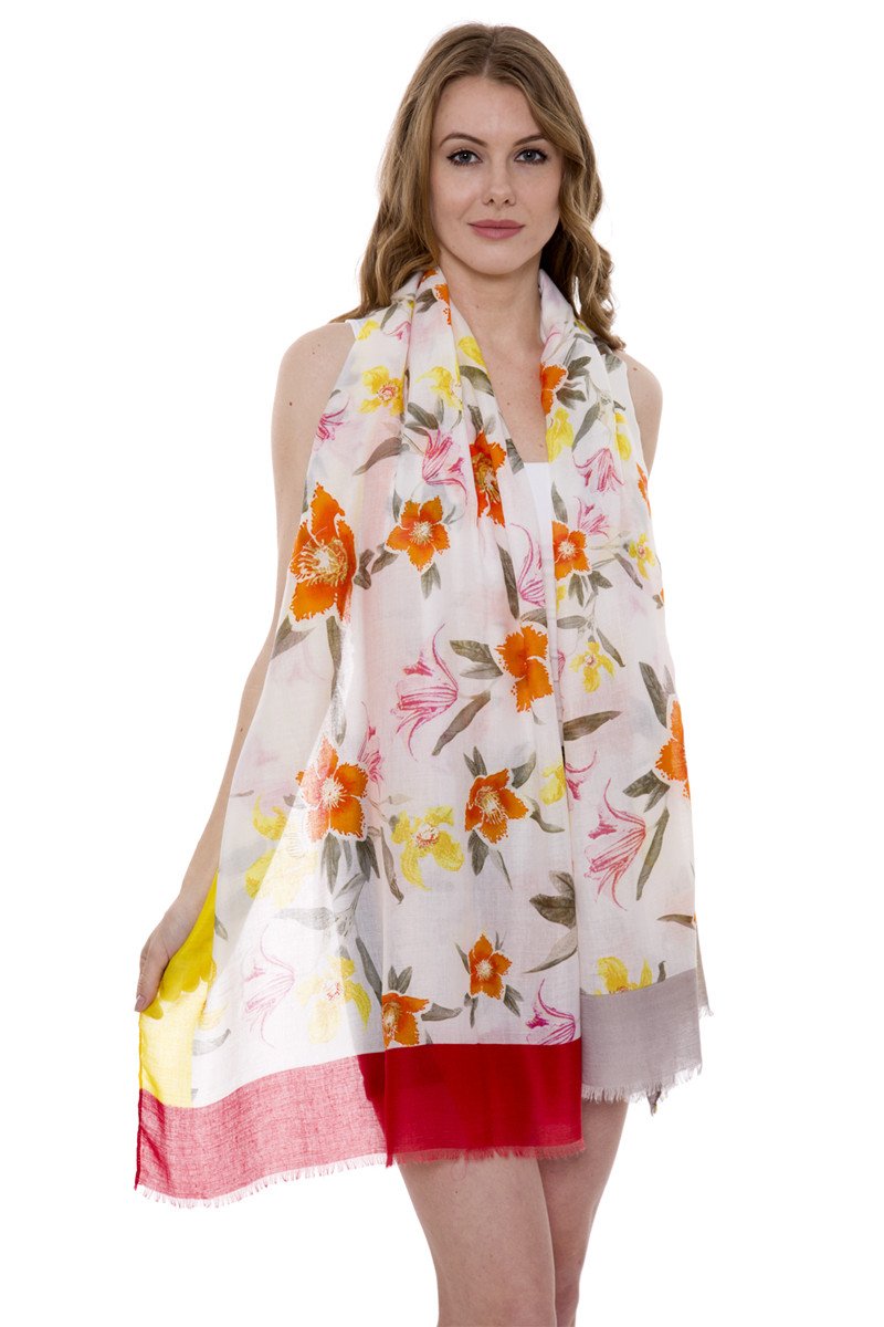 Soft Floral Print Oblong Scarf With Short Trim 