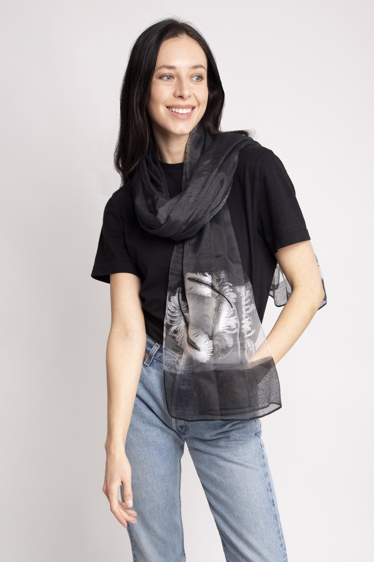 Feather Print Light Oblong Scarf 