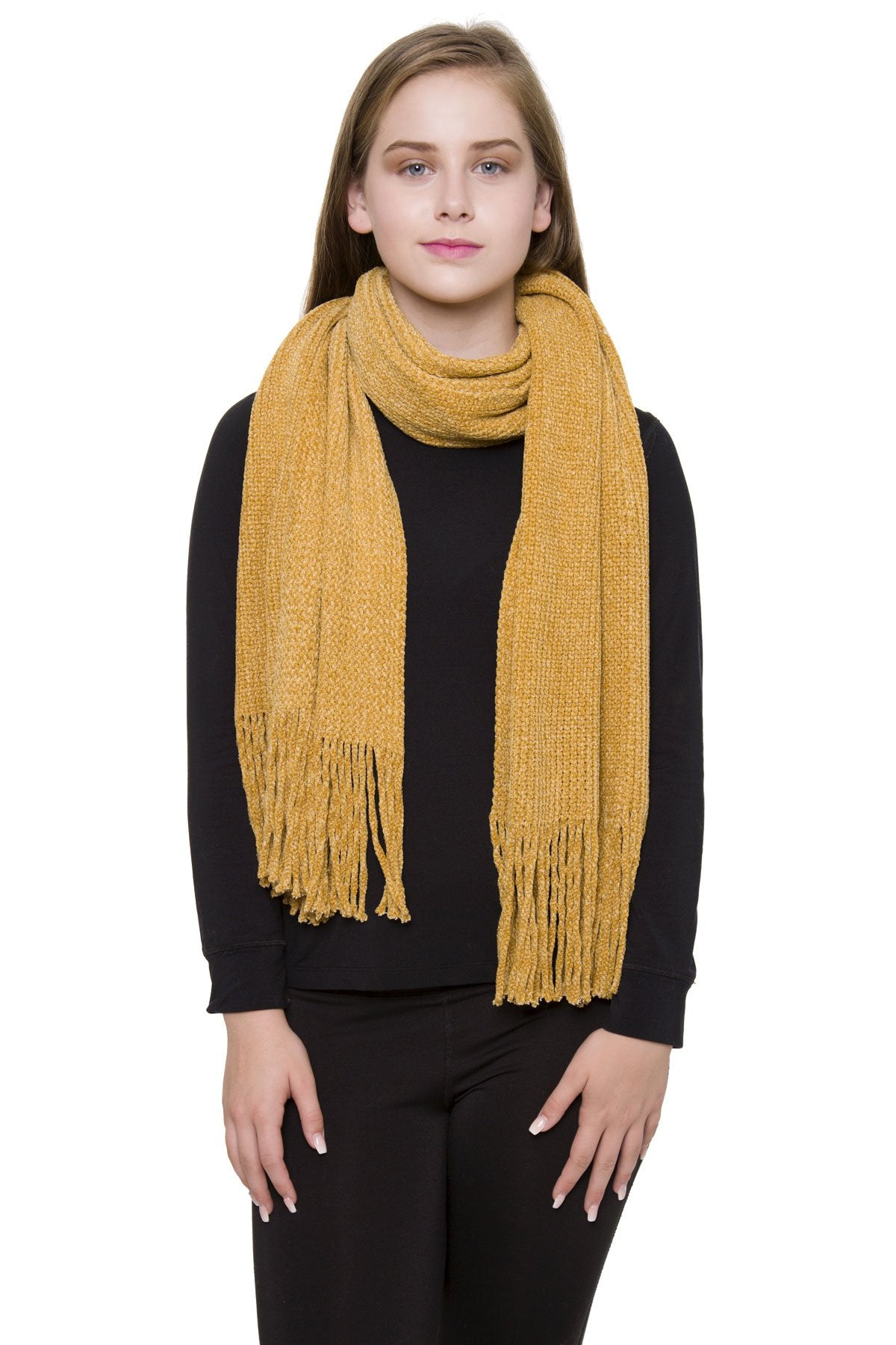 Chenille Solid Color Knit Oblong Scarf With Fringe 