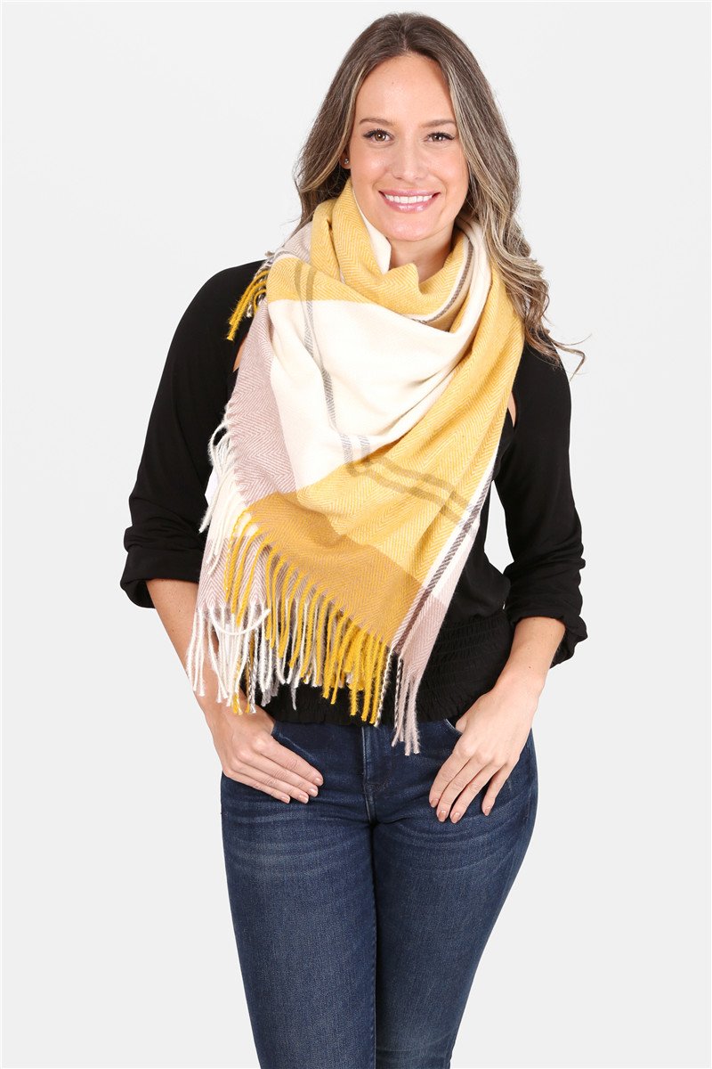 Plaid Soft Napped Knit Oblong Scarf With Fringes