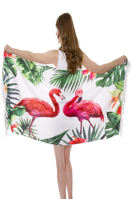 Flamingo And Tropical Print Wholesale Rectangle Beach Towel With Short Fringes 